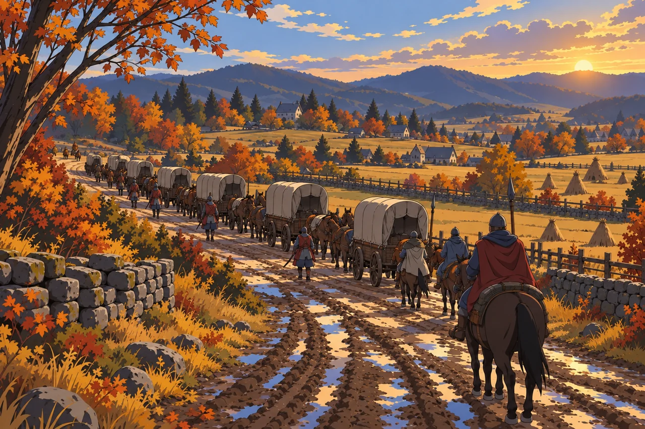 A caravan winds through golden countryside toward distant mountains at sunset.