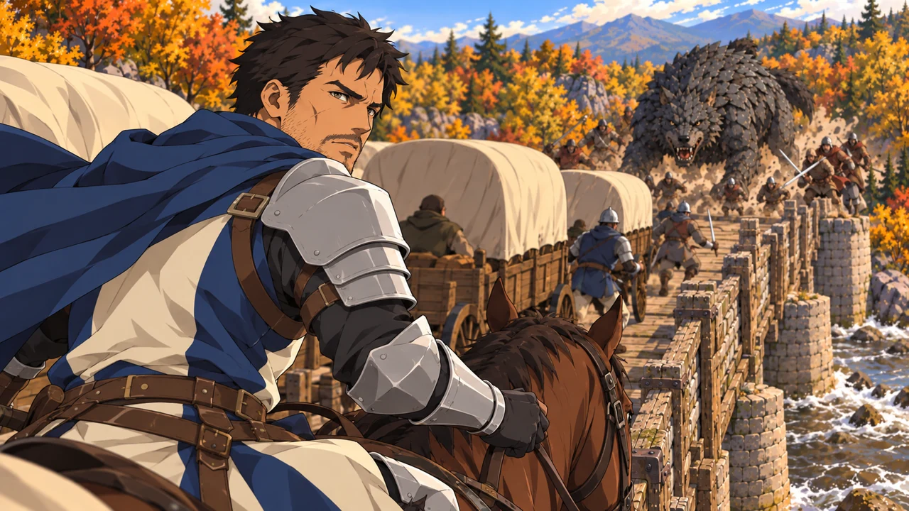 A blue-cloaked knight looks back as a great beast threatens a caravan crossing an autumn bridge.