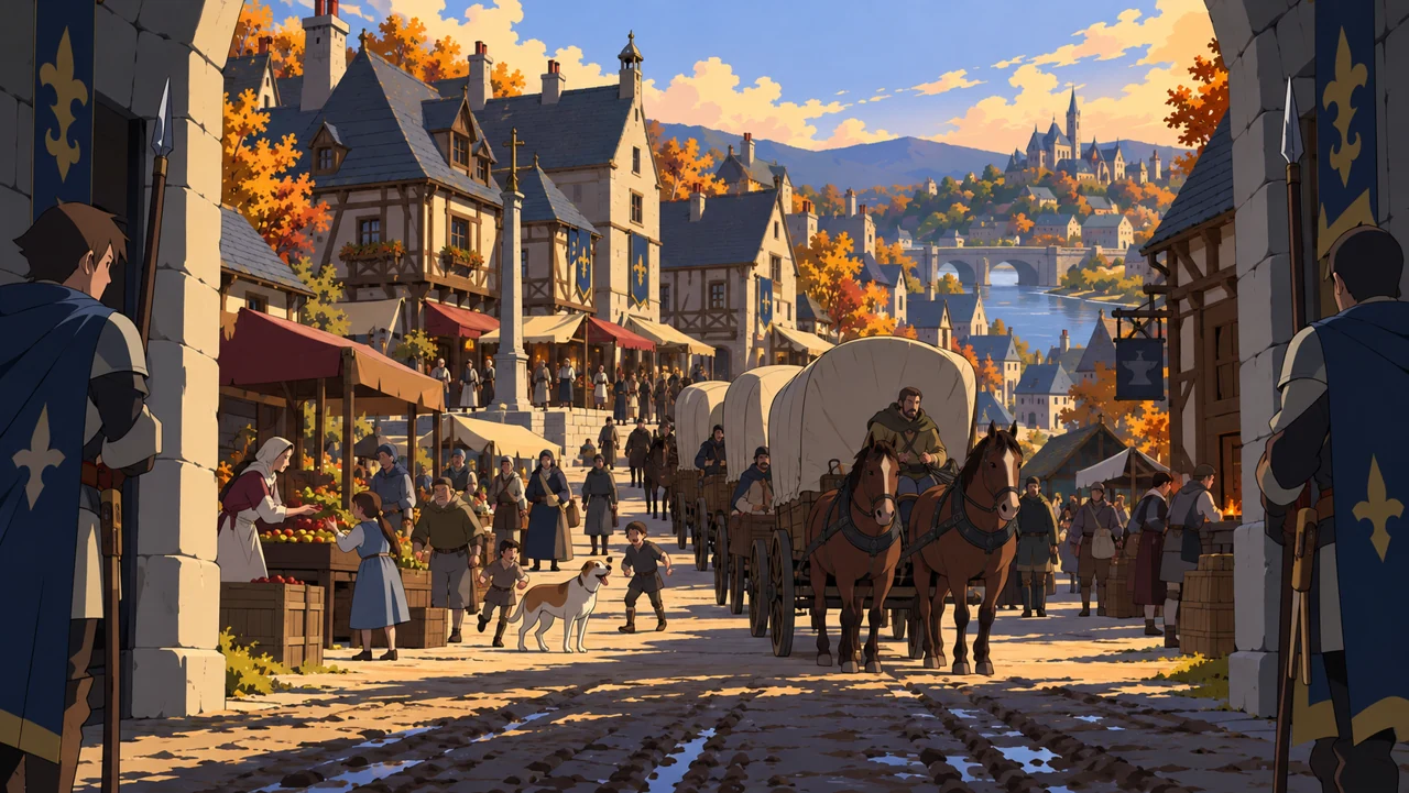 A bustling fantasy town with autumn trees, horse-drawn wagons and a distant castle.